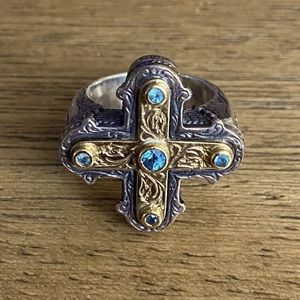 Konstantino Cross Ring, Silver & Gold with Blue Topaz, Size 6